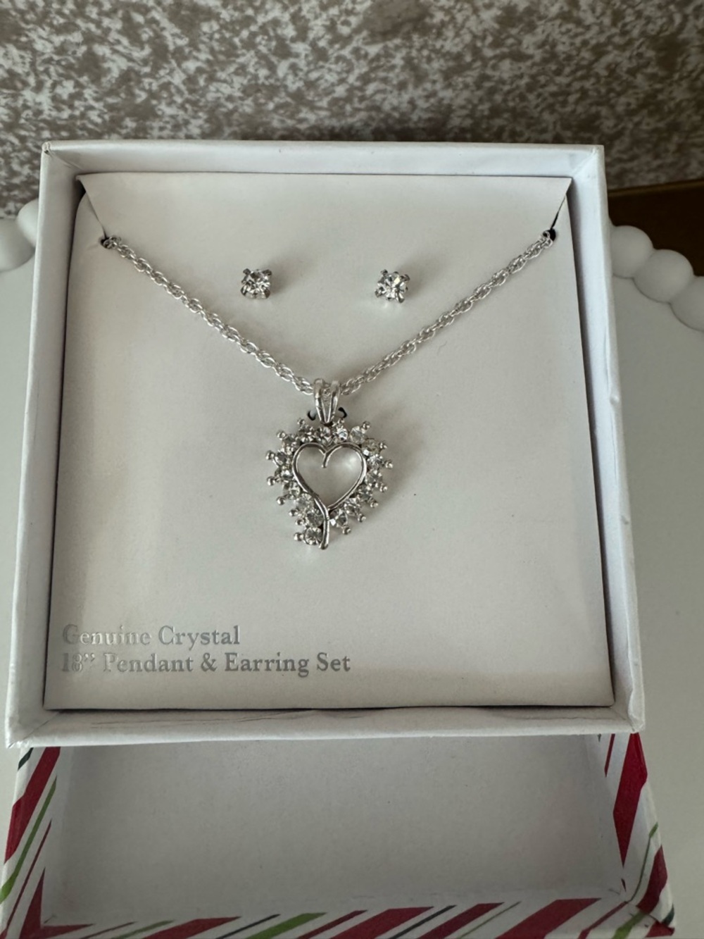 Silver Heart Crystal Pendant and Stud Earring Set